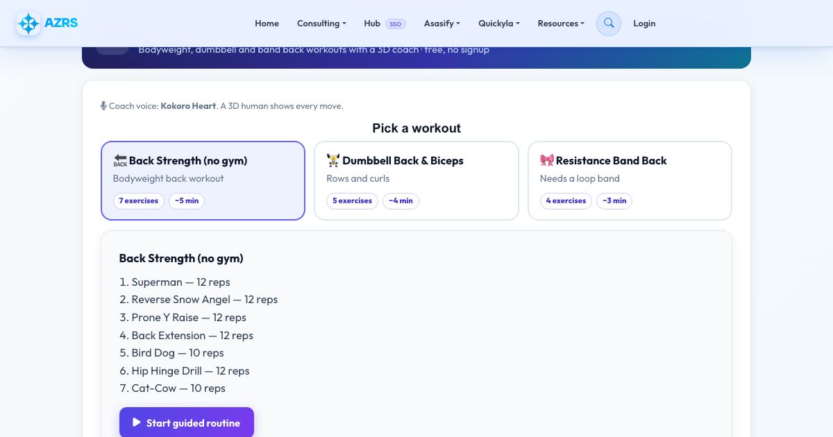 Screenshot of the free Back Workout at Home (Voice Guided) tool on AZRS QuickFix