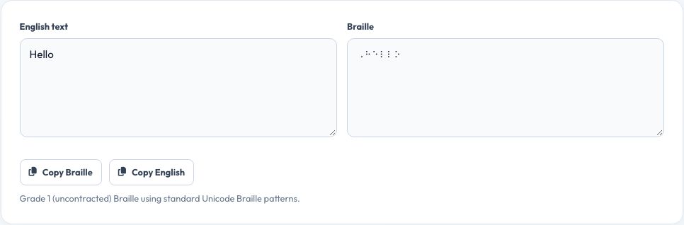 Screenshot of the free Braille Translator tool on AZRS QuickFix