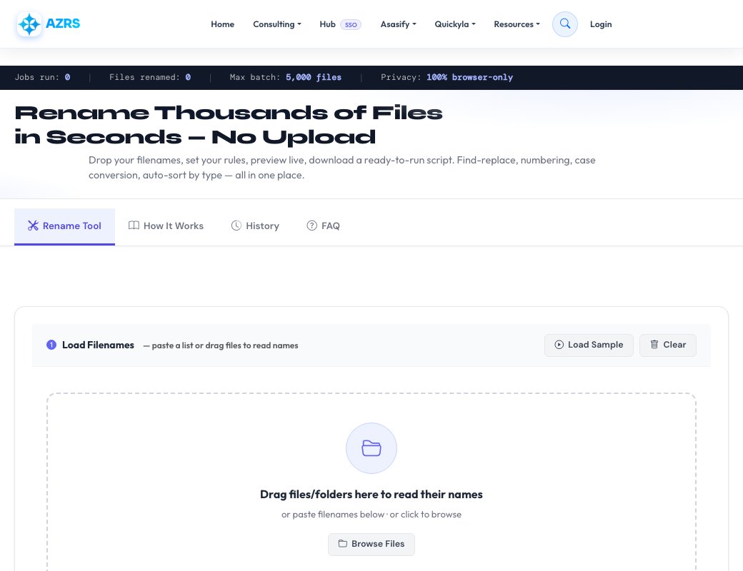 Screenshot of the free Free Bulk File Renamer & Organizer tool on AZRS QuickFix