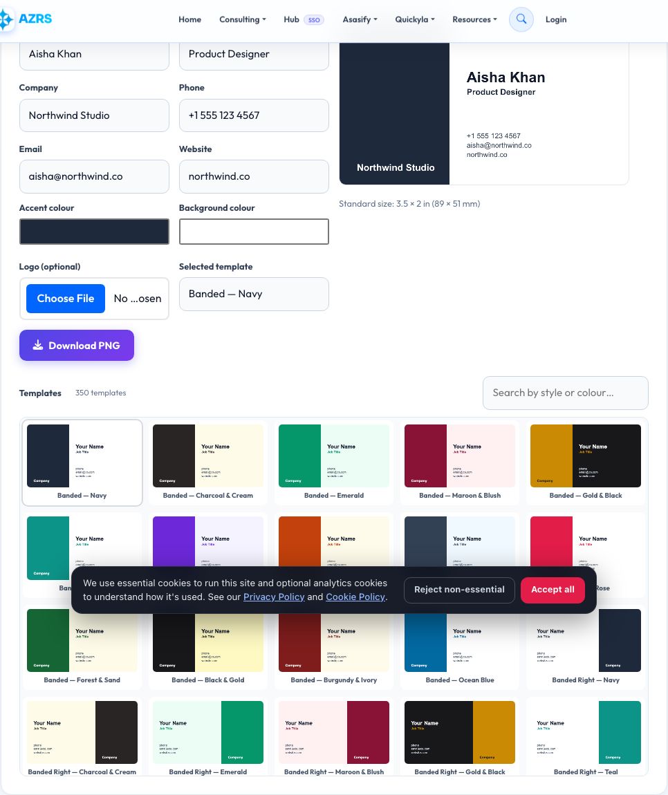 Screenshot of the free Business Card Maker tool on AZRS QuickFix