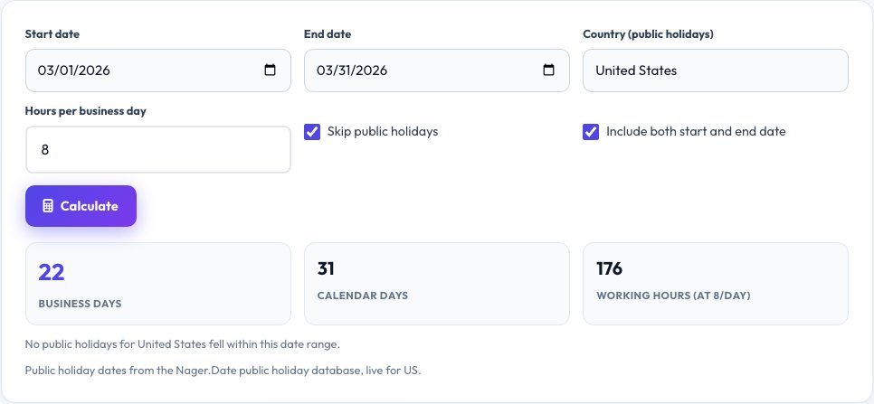 Step 1 — starting Business Days Calculator on AZRS QuickFix