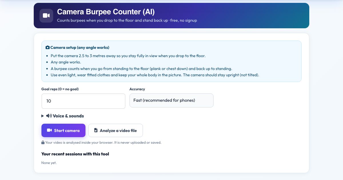 Screenshot of the free Camera Burpee Counter (AI) tool on AZRS QuickFix