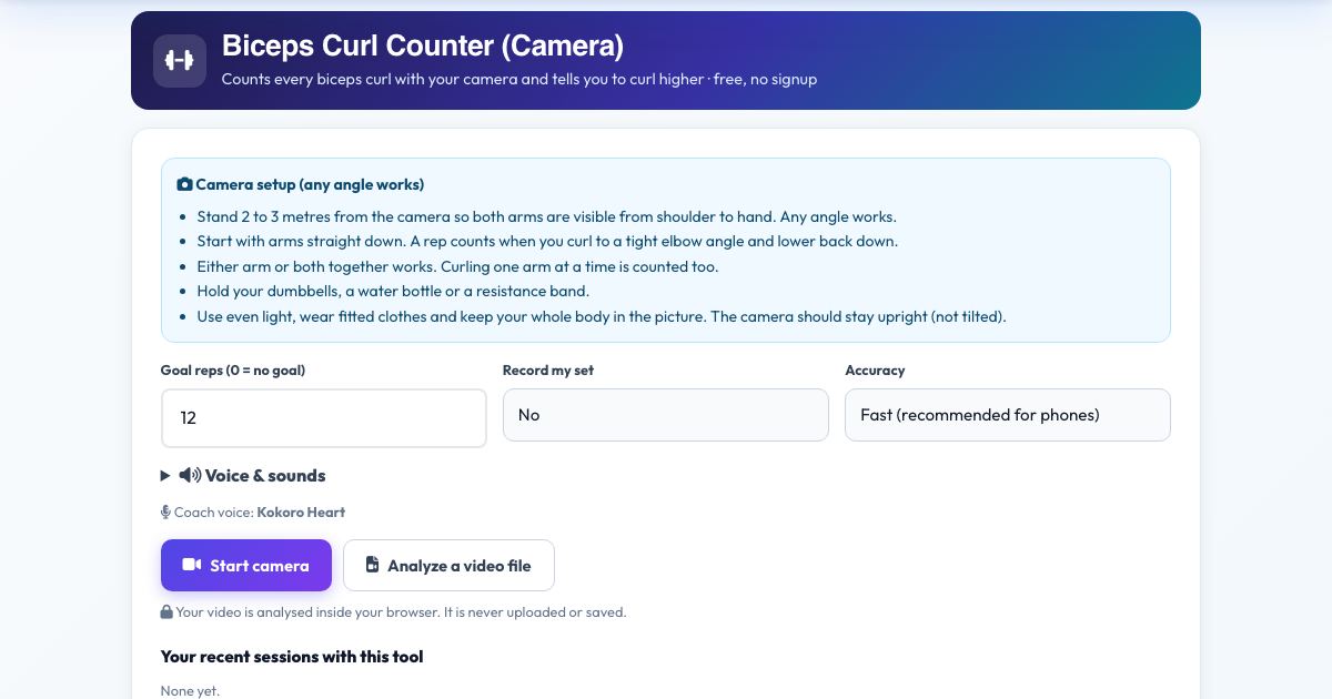 Screenshot of the free Biceps Curl Counter (Camera) tool on AZRS QuickFix