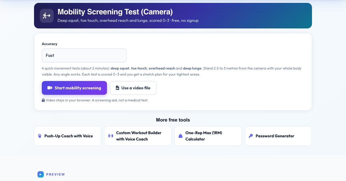 Screenshot of the free Mobility Screening Test (Camera) tool on AZRS QuickFix