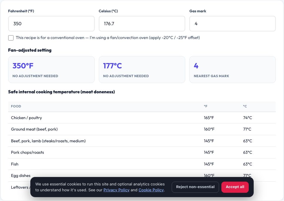 Screenshot of the free Oven Temperature & Cooking Converter tool on AZRS QuickFix