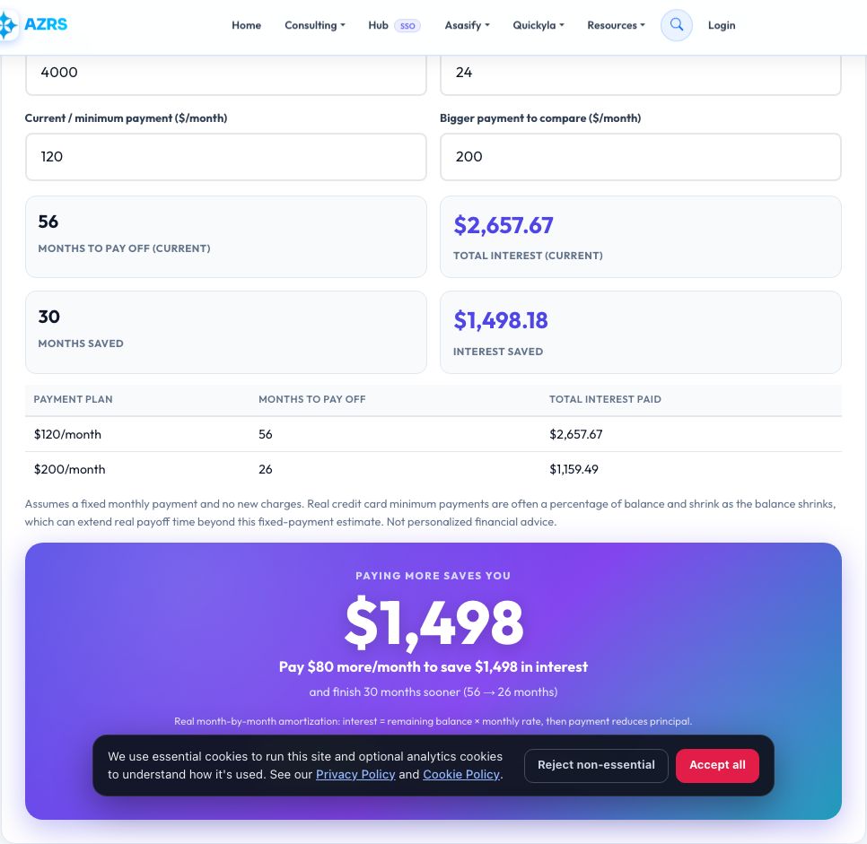 Screenshot of the free Credit Card Payoff Calculator — Minimum vs Bigger Payment tool on AZRS QuickFix