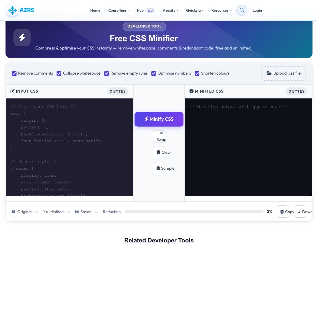 Screenshot of the free Free CSS Minifier & Compressor tool on AZRS QuickFix