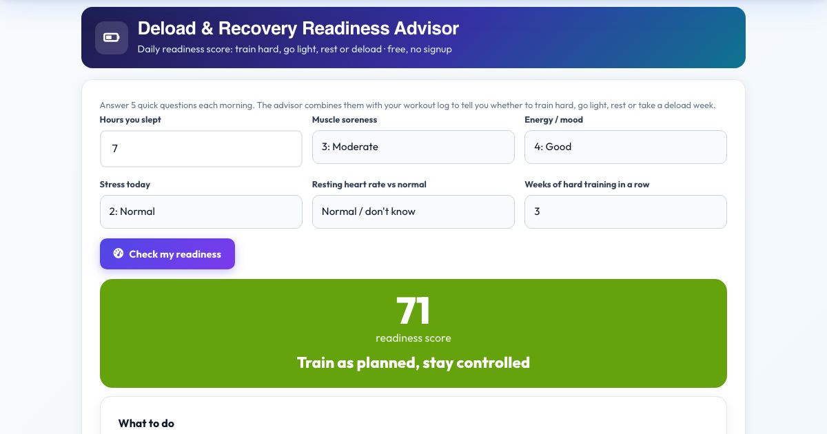 Screenshot of the free Deload & Recovery Readiness Advisor tool on AZRS QuickFix