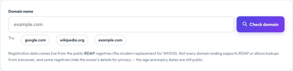 Screenshot of the free Domain Age & Expiry Checker (RDAP) tool on AZRS QuickFix