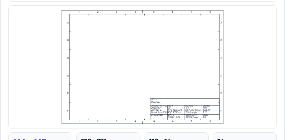 Screenshot of the free Drawing Sheet Border & Title Block Generator (A4–A0, ANSI) SVG / DXF tool on AZRS QuickFix