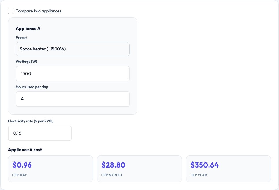 Screenshot of the free Appliance Electricity Cost Calculator tool on AZRS QuickFix