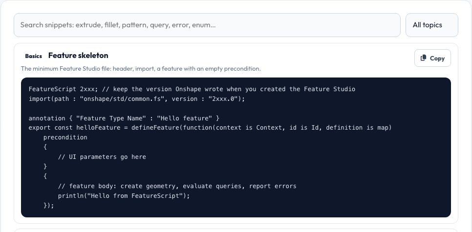 Screenshot of the free Onshape FeatureScript Snippet Library & Cheat Sheet tool on AZRS QuickFix
