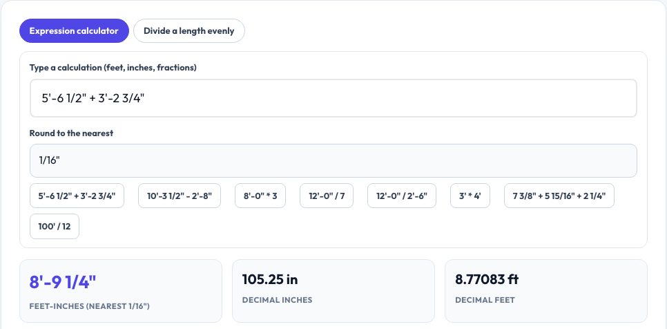 Screenshot of the free Feet & Inches Calculator (Add, Subtract, Multiply, Divide Fractions) tool on AZRS QuickFix