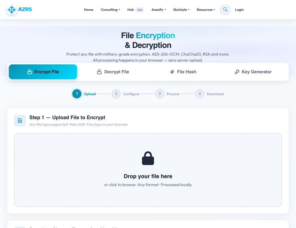 Screenshot of the free Free File Encryption, Decryption, Hashing & Key Generator tool on AZRS QuickFix