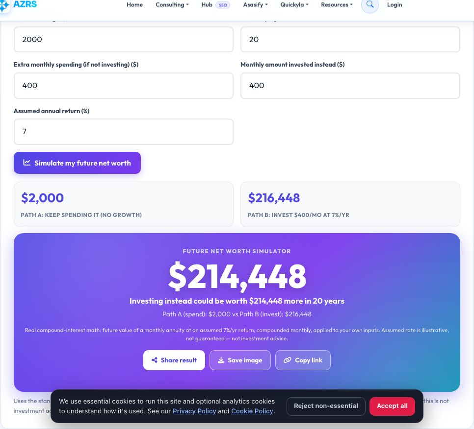 Screenshot of the free Future Net Worth Simulator — Spend vs Invest tool on AZRS QuickFix