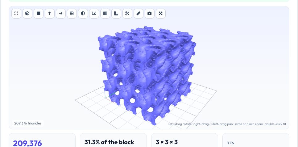 Screenshot of the free Gyroid Lattice Generator (TPMS Blocks for 3D Printing) tool on AZRS QuickFix