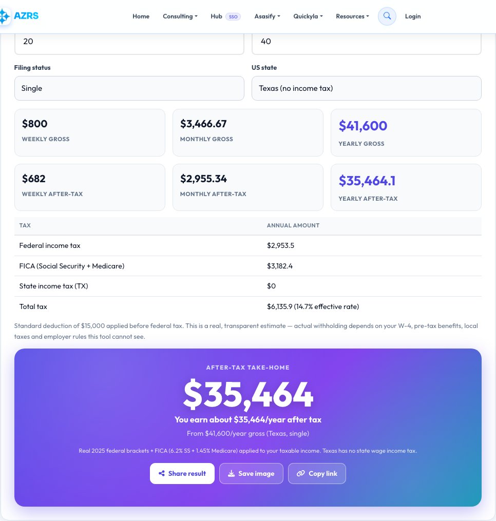 Screenshot of the free Hourly to Salary Calculator (After Tax) tool on AZRS QuickFix