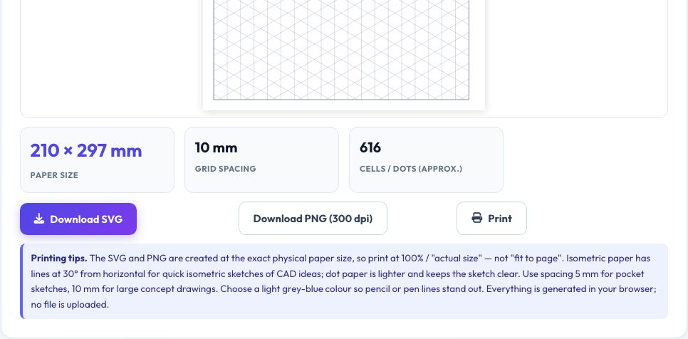 Screenshot of the free Isometric, Dot & Graph Grid Paper Generator (Printable PDF-Ready) tool on AZRS QuickFix