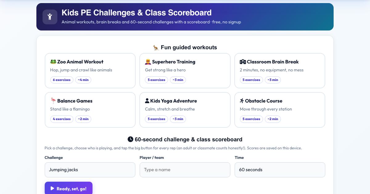 Screenshot of the free Kids PE Challenges & Class Scoreboard tool on AZRS QuickFix