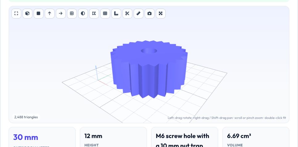 Screenshot of the free Knob & Thumb Screw Generator (Nut Trap, D-Shaft) STL tool on AZRS QuickFix