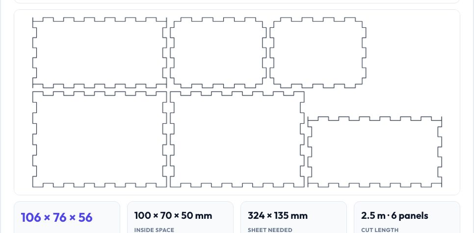 Screenshot of the free Laser Cut Box Generator (Finger Joints & Living Hinge) tool on AZRS QuickFix