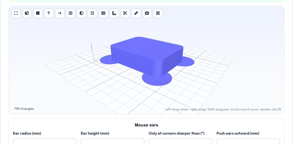 Screenshot of the free Mouse Ears Generator — Anti-Warp Pads for STL Files tool on AZRS QuickFix