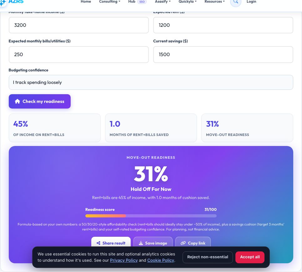Screenshot of the free Move-Out Readiness Score tool on AZRS QuickFix