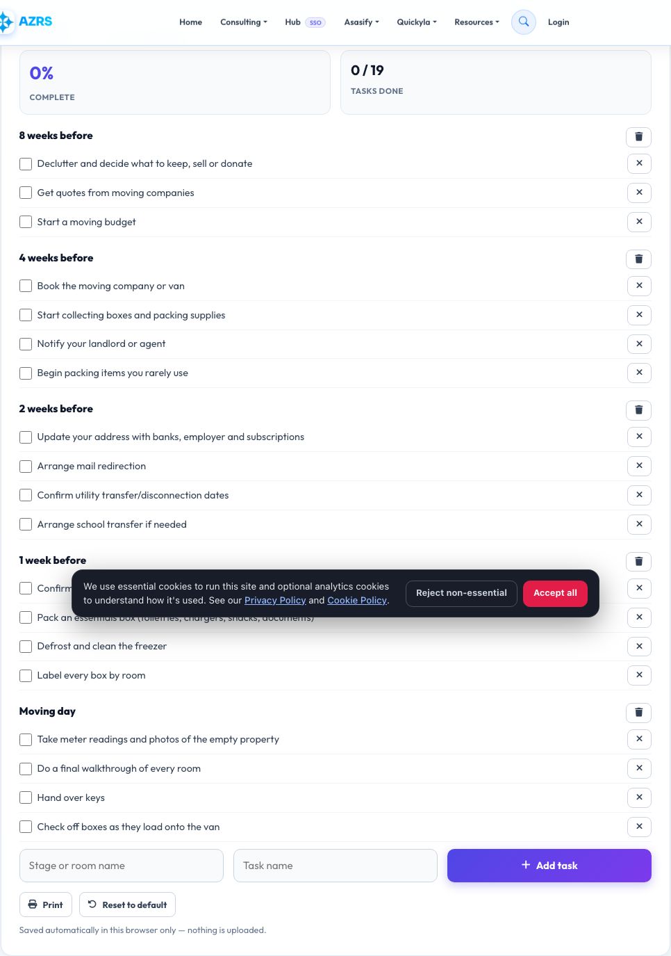 Screenshot of the free Moving Checklist Generator tool on AZRS QuickFix