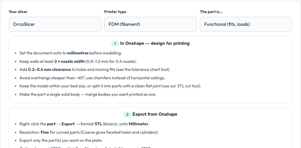 Screenshot of the free Onshape to Slicer 3D Printing Workflow Guide tool on AZRS QuickFix