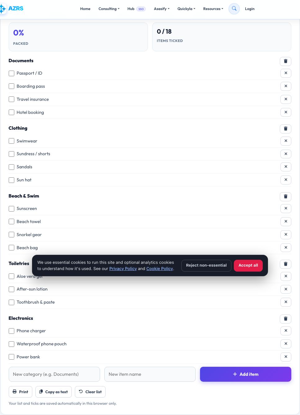 Screenshot of the free Travel Packing List Generator tool on AZRS QuickFix