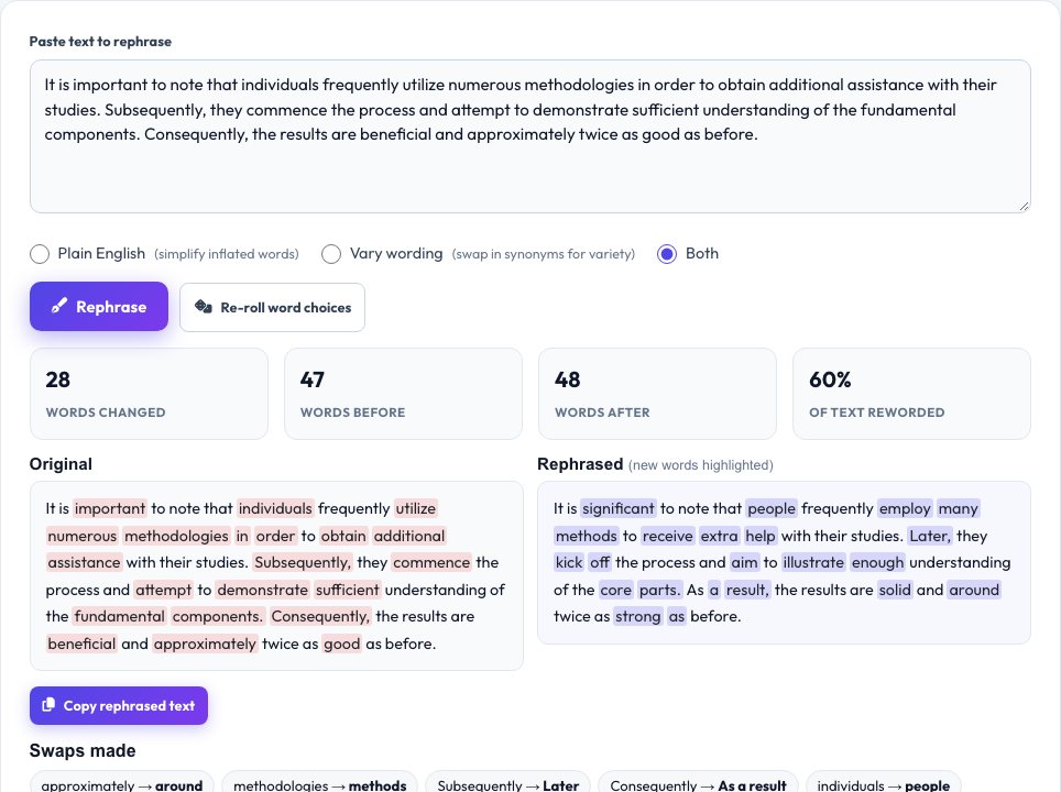 Screenshot of the free Paraphrasing Tool tool on AZRS QuickFix