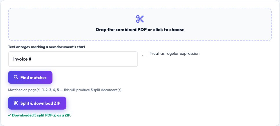 Screenshot of the free PDF Splitter by Text Match tool on AZRS QuickFix