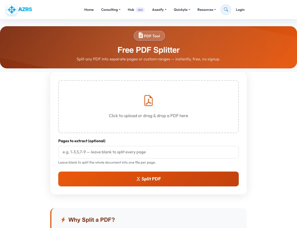 Screenshot of the free Free PDF Splitter: Extract Pages From a PDF tool on AZRS QuickFix
