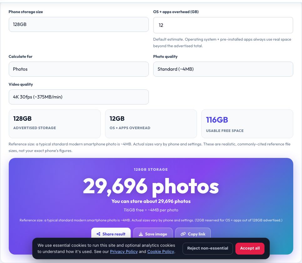 Screenshot of the free Phone Storage Calculator — How Many Photos & Videos Fit tool on AZRS QuickFix