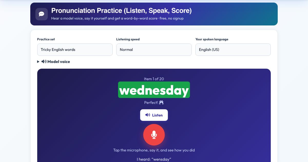Screenshot of the free Pronunciation Practice (Listen, Speak, Score) tool on AZRS QuickFix