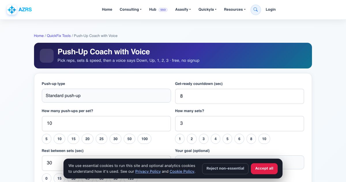 Screenshot of the free Push-Up Coach with Voice tool on AZRS QuickFix