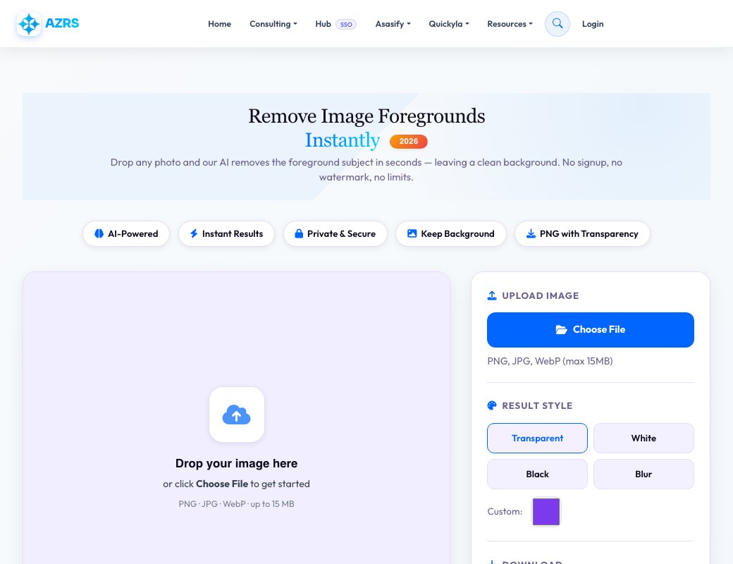Screenshot of the free Free Foreground Remover — Extract Backgrounds Only tool on AZRS QuickFix