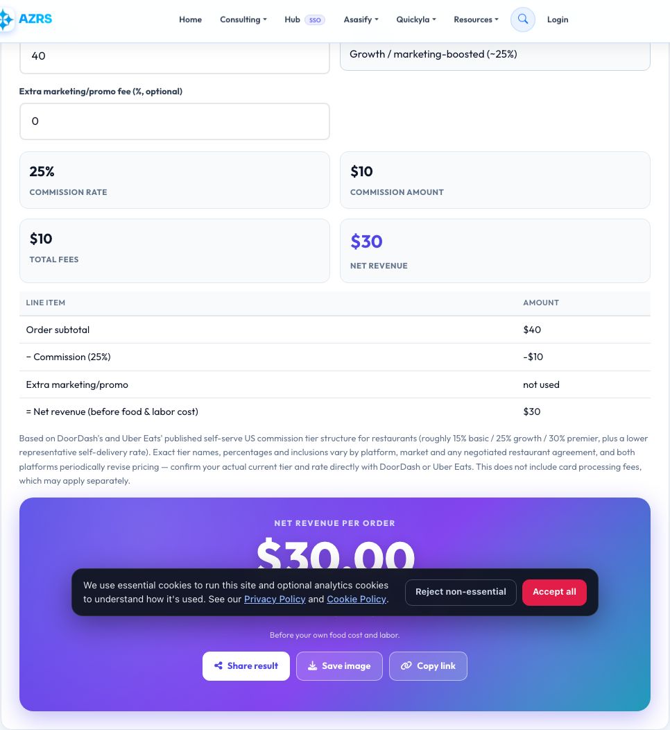 Screenshot of the free DoorDash / Uber Eats Commission Calculator tool on AZRS QuickFix
