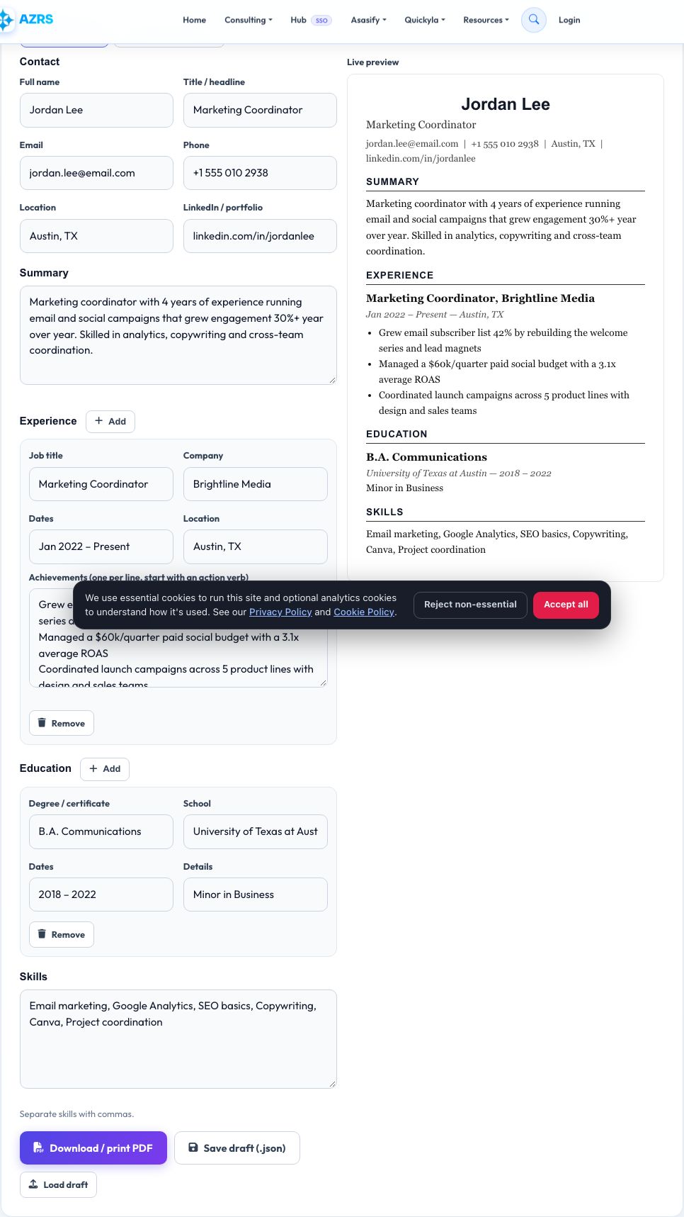 Screenshot of the free Resume / CV Builder + ATS Score Checker tool on AZRS QuickFix
