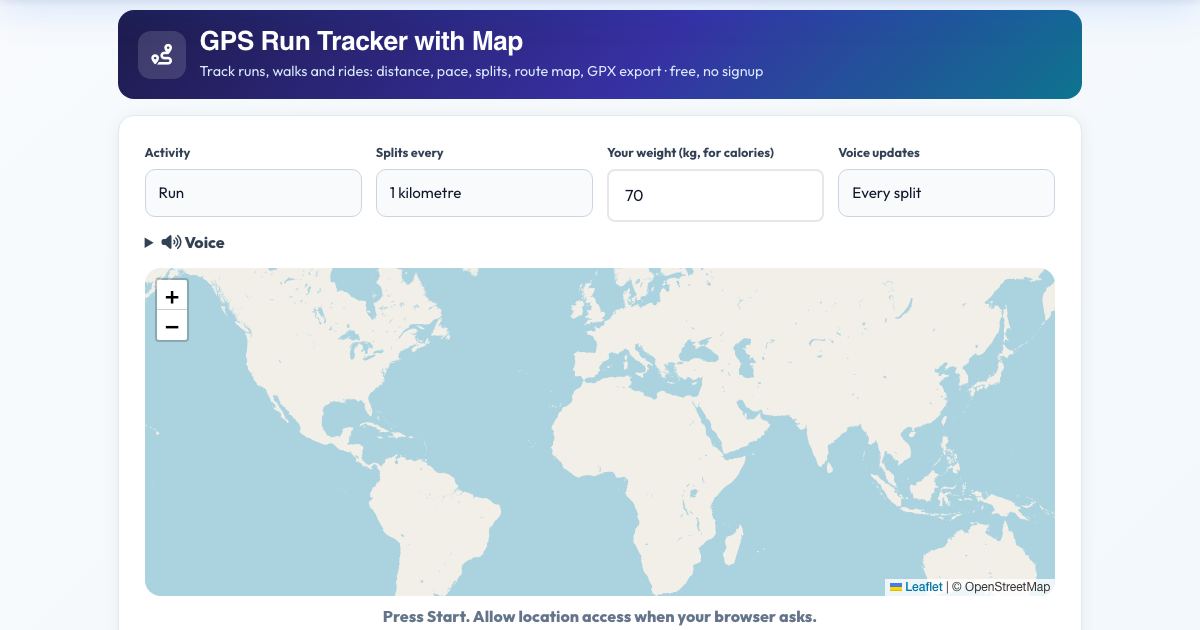 Screenshot of the free GPS Run Tracker with Map tool on AZRS QuickFix