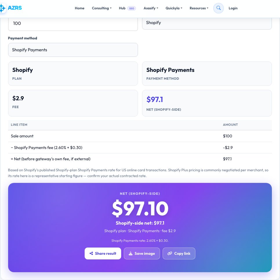 Screenshot of the free Shopify Transaction Fee Calculator tool on AZRS QuickFix