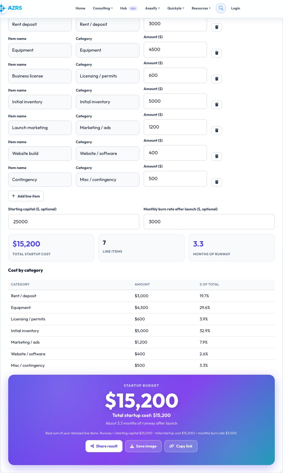 Screenshot of the free Startup Cost Calculator — Itemized Business Launch Budget tool on AZRS QuickFix
