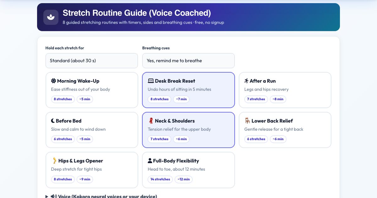 Screenshot of the free Stretch Routine Guide (Voice Coached) tool on AZRS QuickFix