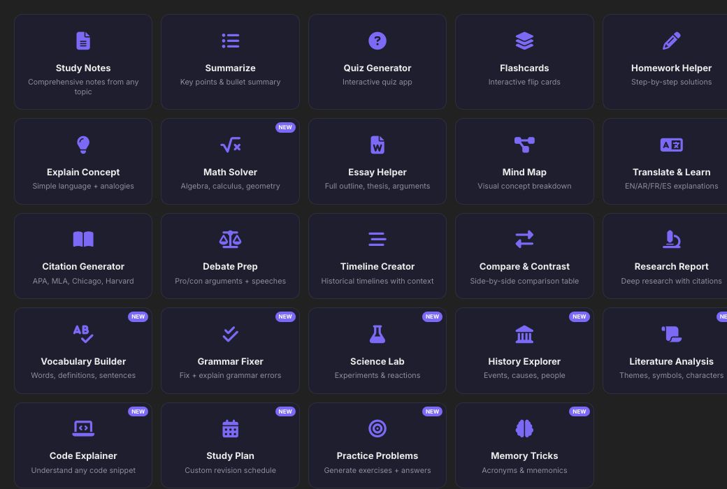 Screenshot of the free AI Student Tools — 24 Free Study Tools in One Place tool on AZRS QuickFix