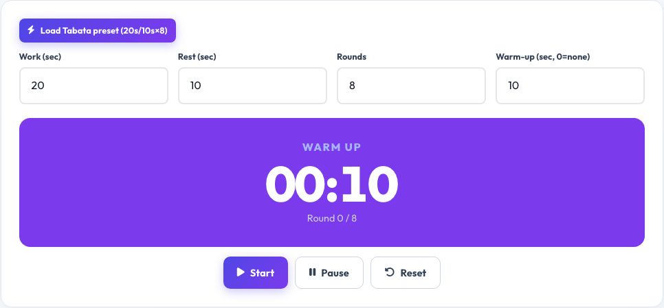Screenshot of the free Tabata / HIIT Interval Timer tool on AZRS QuickFix