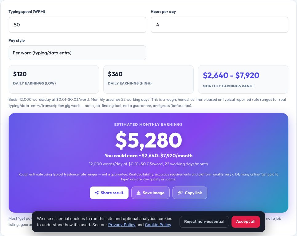 Screenshot of the free Typing / Data Entry Job Earnings Calculator tool on AZRS QuickFix