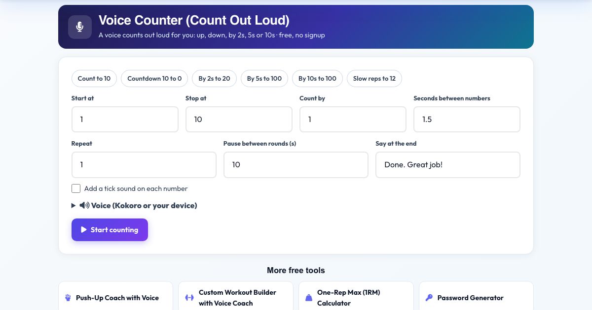 Screenshot of the free Voice Counter (Count Out Loud) tool on AZRS QuickFix