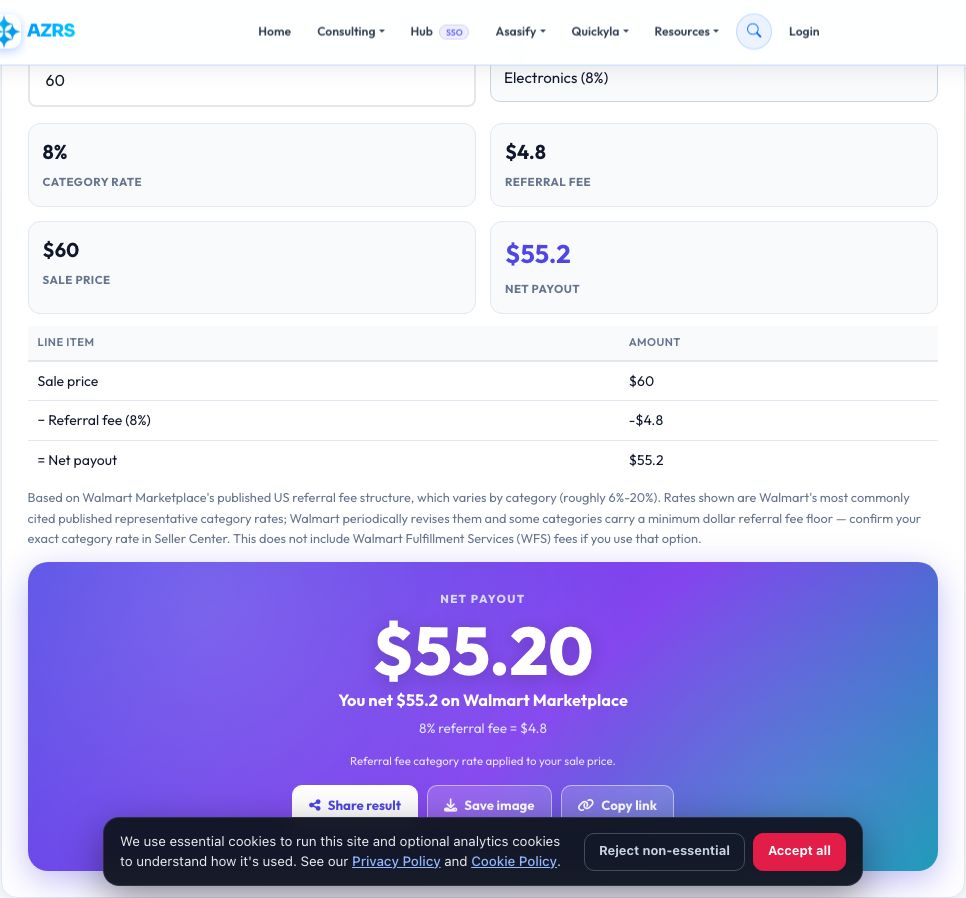 Screenshot of the free Walmart Marketplace Fee Calculator tool on AZRS QuickFix