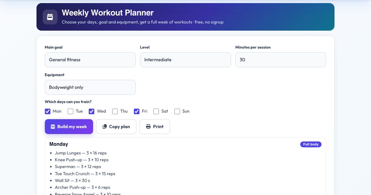 Screenshot of the free Weekly Workout Planner tool on AZRS QuickFix