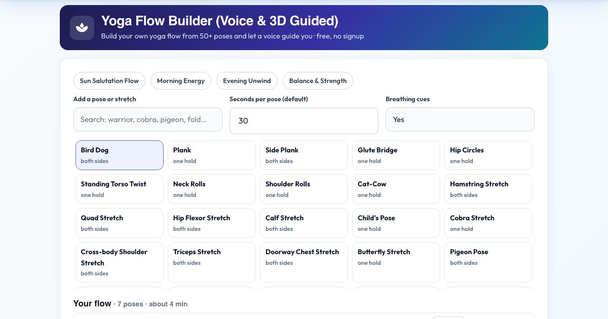 Screenshot of the free Yoga Flow Builder (Voice & 3D Guided) tool on AZRS QuickFix